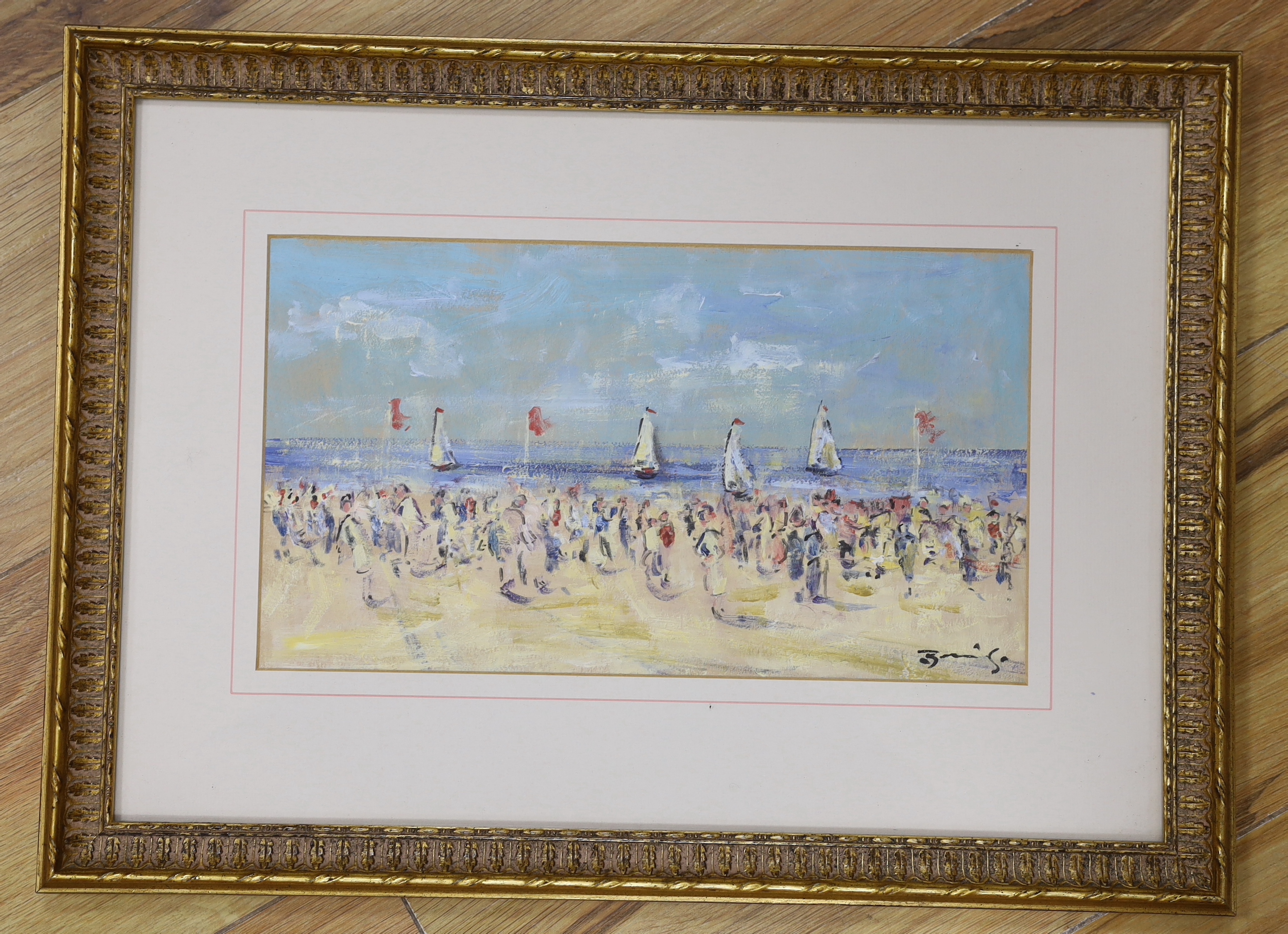 Walter John Beauvais (1942-1998, watercolour, Beach scene with sailing boats beyond, signed, 16.5 x 29cm